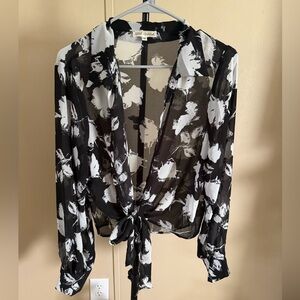 Wild Jasmine Black & White Tie-Front Sheer Blouse Top Size 1XL